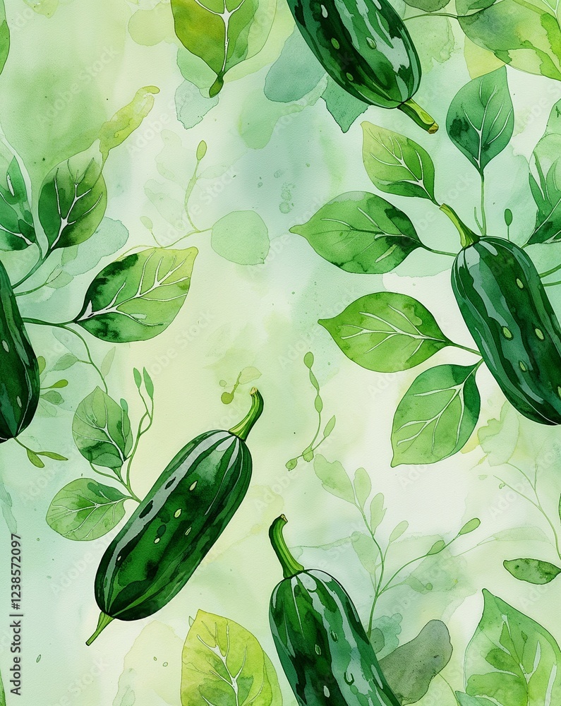 Aufkleber fresh cucumber green with gentle leaf patterns and a smooth watercolor texture abstract background