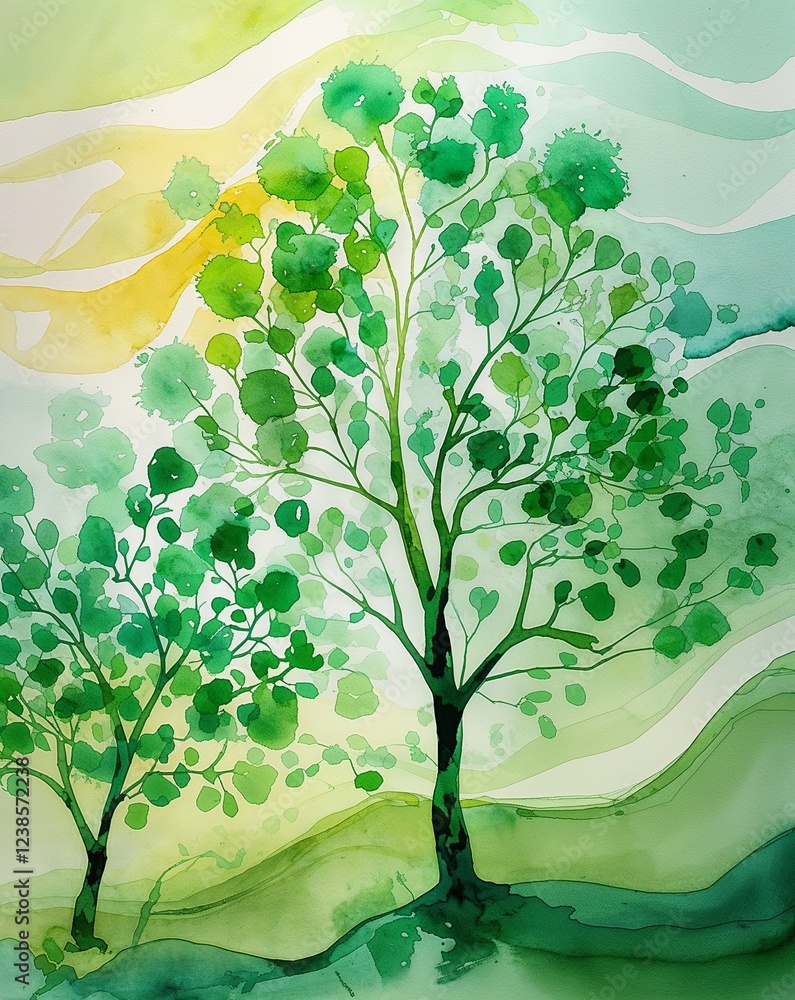 Poster fresh mint with watercolor tree outlines and soft flowing gradients abstract background