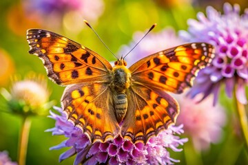 Obraz premium Comma Butterfly on Field Scabious Flower - Closeup Macro Photography