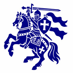 Knight in Armor Riding a Horse, Holding a Sword and Shield with Cross Symbol