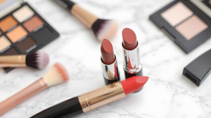 Close up view of decorative cosmetics laying on the table.