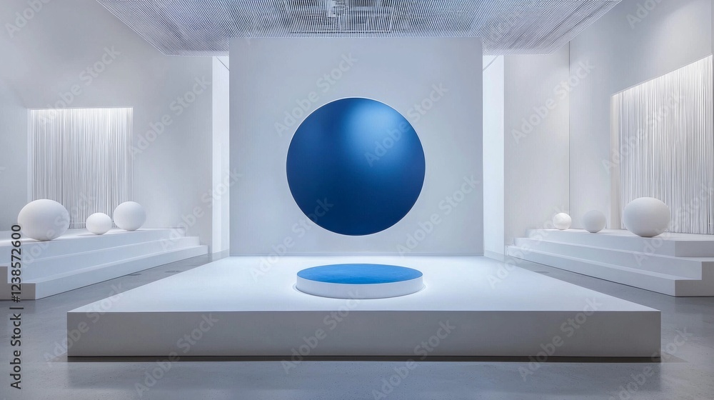 Poster A modern art gallery showcases a striking blue sphere perched elegantly above a matching base. White walls are complemented by soft lighting and circular sculptures, creating a serene atmosphere