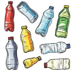 Lively Cartoon Style Set of Flattened and Twisted Bottles Illustration