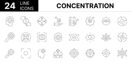 Collection of 24 concentration line icons featuring editable strokes. These outline icons depict various modes of concentration, set, icon, clarity, vision, attention, aim, accuracy, 