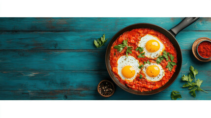 Egg lover, A vibrant image of a sizzling pan of shakshuka featuring poached eggs, perfect for food enthusiasts and culinary projects.