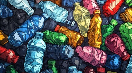 High Resolution Cartoon Style Illustration of Colorful Plastic Bottles