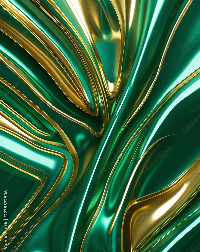 Poster gold and emerald green smooth lined pattern with polished shine abstract background
