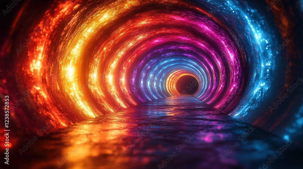 Poster glowing tunnel with layered circular arches reflecting on the ground, abstract background