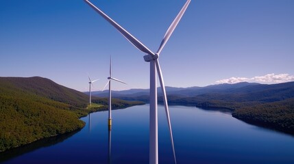 Wind turbines generating renewable energy scenic lake aerial view nature sustainability