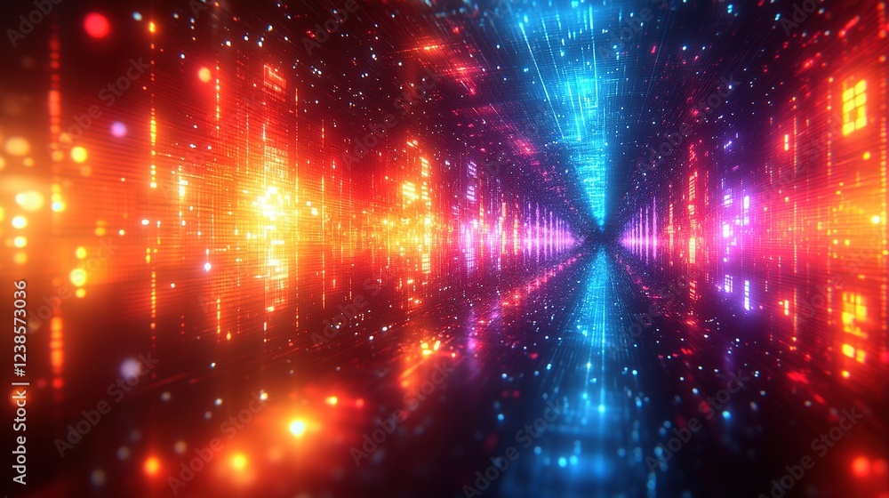 Poster glowing tunnel with red and blue lights fading into a central point. possible use technology