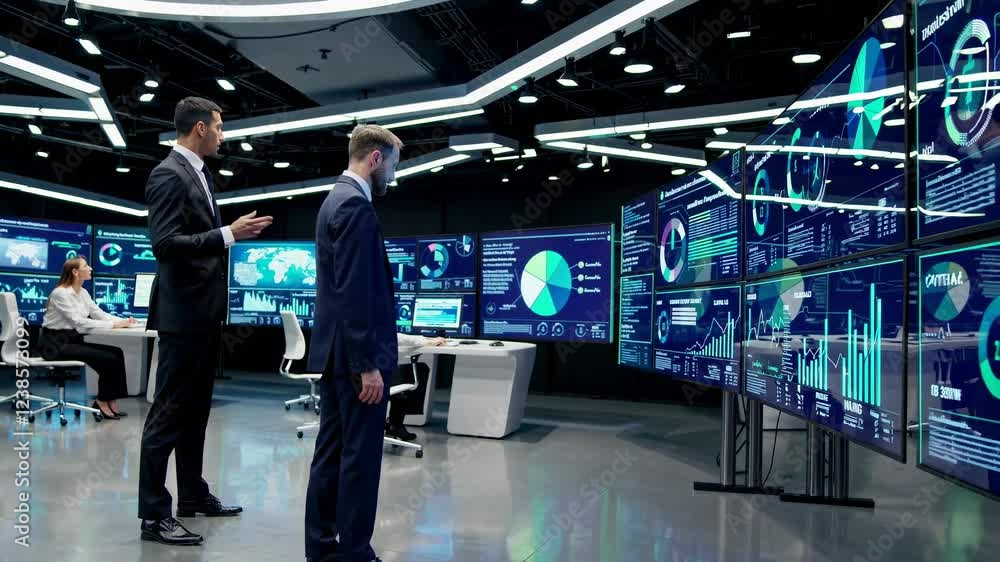 Poster professionals collaborating in a modern office with advanced technology and data analytics displays