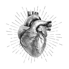 Illustration of the Human Heart in engraving technique with star rays. including labels for all the main structures. Hand drawn line art for tattoo, tee shirt and print design. Vector Illustration.