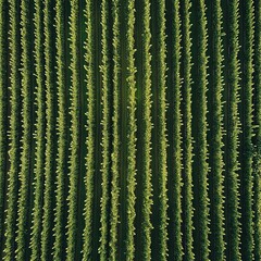 Aerial view of rows of lush green hop plants in a field.