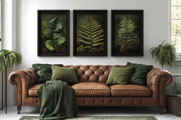 Stylish living room with brown sofa, green cushions, botanical wall art, and natural decor for a cozy and modern home interior