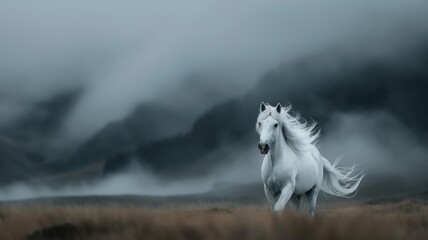 Obraz premium Icelandic White Horse: A majestic Icelandic horse, with its long mane flowing. The background features rugged volcanic terrain with moss-covered rocks and a dramatic cloudy sky. 