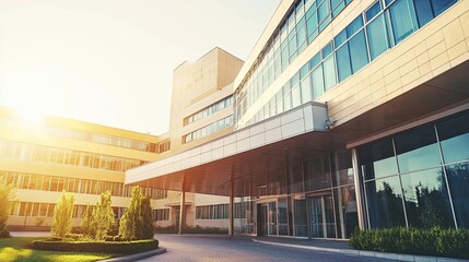Obraz premium Contemporary Medical Facility with Minimalist Aesthetics, Featuring Large Windows and a Sterile Setting, Surrounded by Greenery and Soft Sunlight 