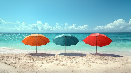 Three Colorful Umbrellas on a Sandy Beach