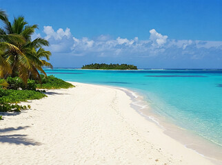 Landscape of a caribbean beach with stunning turquoise waters, lush greenery and blue sky. Concept of summer holiday and enjoyment.