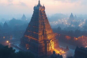 Sunrise over ancient temple complex, India. Tourism, travel