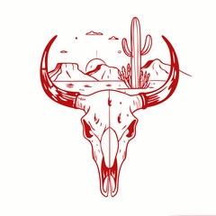 Desert Landscape with Bull Skull, Cacti, and Sun in Red Line Art Style