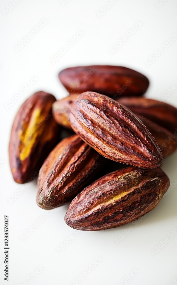 Poster close up view of several dark brown, ribbed cocoa pods arranged on a bright white background. the po