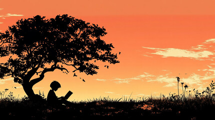 A silhouette of a child reading a book under a tree during sunset, with birds flying in the background. This image represents peaceful reading, nature, and tranquility.