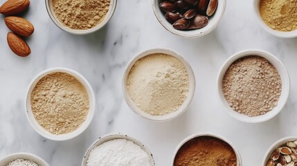 Variety of flours and nuts in bowls on a marble countertop for food preparation