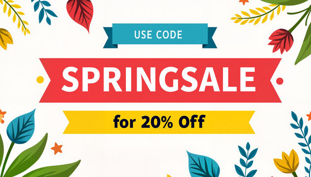 A bright and colorful digital banner announces a "Spring Sale" with a 20% discount offer, decorated with spring flowers and leaves. 