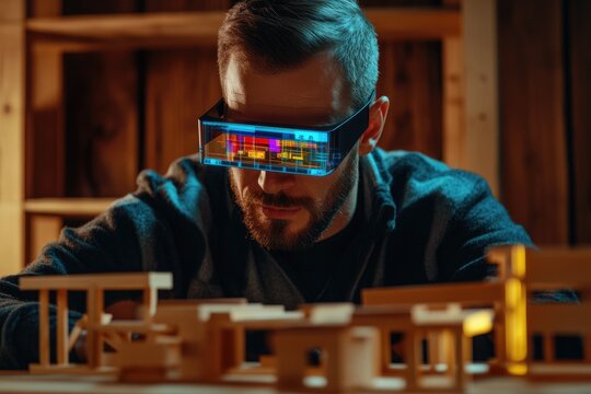 A bearded man uses futuristic glasses to design a building model, showcasing innovative architectural technology.