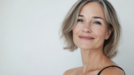 Radiant mature woman smiling confidently, perfect for anti aging skincare and beauty promotions