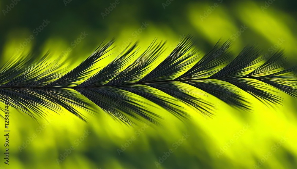 Poster close up of a dark feather against a vibrant lime green blurred background. the feather's intricate 