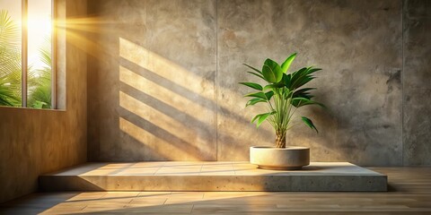 Serene Indoor Scene with Tropical Plant in Minimalist Concrete Pot on Elevated Platform, Bathed in Warm Sunlight