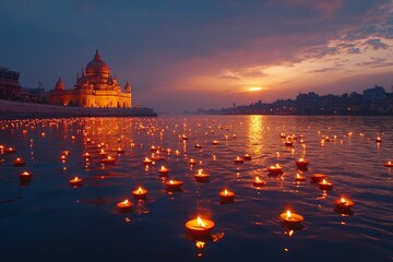 Obraz premium Sunset river candles temple India festival