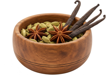 wooden bowl of cardamom with star anise and vanilla pods, isolated on white background, front angled view, no depth of field, sharp.