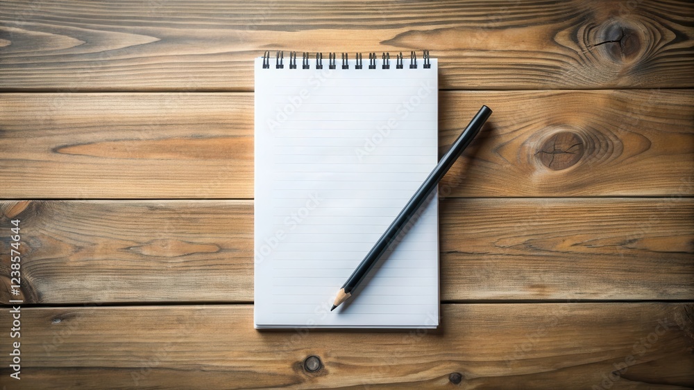 Poster blank spiral notepad and pencil on wooden surface, ready for notes or sketching