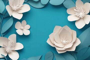 Elegant paper-cut flowers and leaves in shades of blue, white, and teal, featuring delicate petals, perfect for banners, headers, and digital marketing materials with ample space for text or images