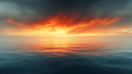 Obraz premium Fiery Sunset Over Calm Ocean Waters Reflecting Vivid Colors