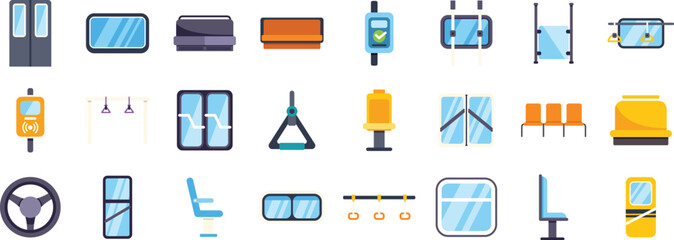 Colorful vector icons depicting various parts of public transport vehicles, creating a comprehensive visual guide to their interior components