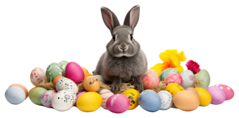 PNG Rabbit sitting easter eggs bunny colorful celebration.