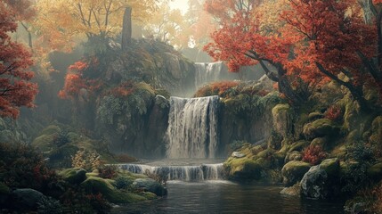 Autumn waterfall in misty forest, tranquil scene, nature background, ideal for screensavers