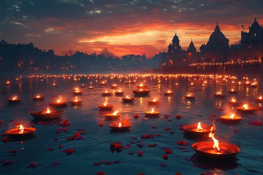 Varanasi River Ganges sunset floating diyas - Powered by Adobe