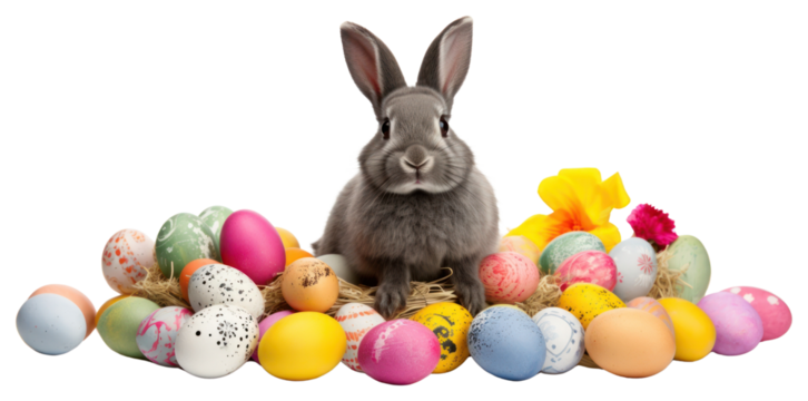 PNG Rabbit sitting easter eggs bunny colorful celebration.