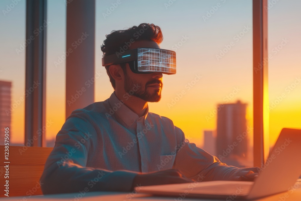 Poster man wearing vr headset, visualizing architectural design at sunset while using a laptop.