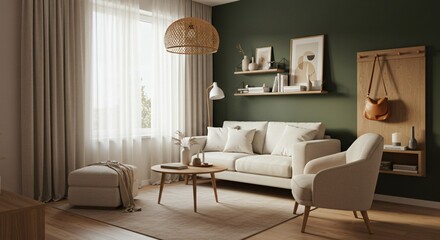 A cozy living room with a beige sofa, wooden furniture, a dark green accent wall, soft curtains, warm lighting, and modern decor, creating a stylish and inviting Scandinavian-inspired space.