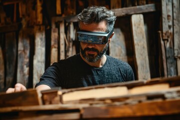A bearded man uses AR glasses to examine wooden planks in a workshop, likely for a woodworking project.