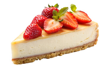 slice cheesecake topped strawberries isolated on transparent background.