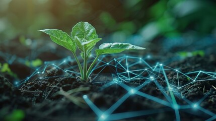 This shot of a young plant with digital networks around it is perfect for illustrating articles about technology in agriculture and innovation in agribusiness.