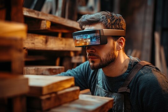 A carpenter uses augmented reality glasses to visualize and manage lumber in a workshop.