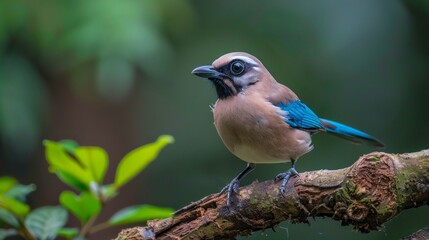 Obraz premium A brightly coloured jay with blue feathers sitting on a tree branch against a background of green foliage. Suitable for nature blogs, environmental sites and educational materials about birds.