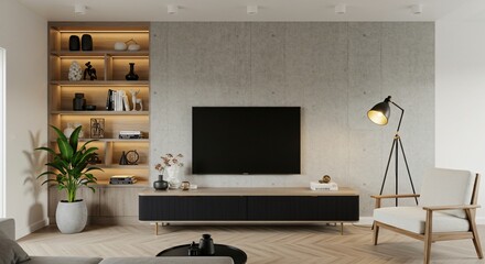 A modern living room with a concrete accent wall, built-in wooden shelves, warm lighting, a minimalist TV unit, stylish decor, a cozy chair, a black floor lamp, and a potted green plant.